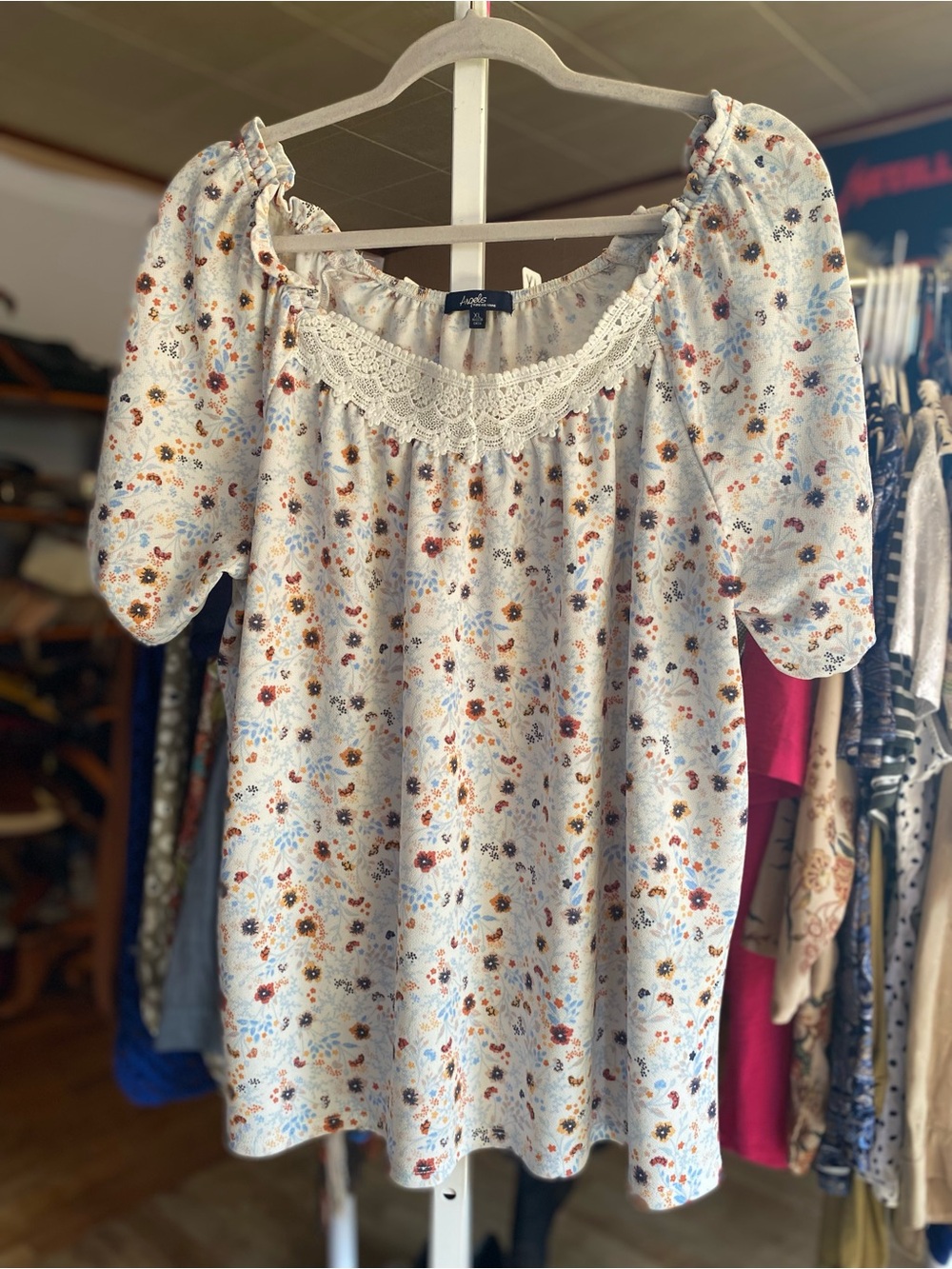 Angels Cream Floral Peasant Tunic with Lace Yoke